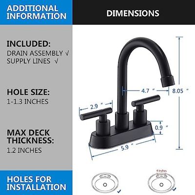 Black Bathroom Monobloc Kitchen Taps 4 Inch Centerset Faucet 2 Handle