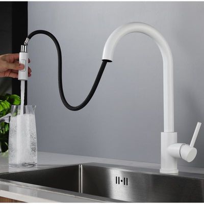 SUS304 Dapur Extendable Pull Out Sink Faucet Tap Dengan Sprayer Mat putih