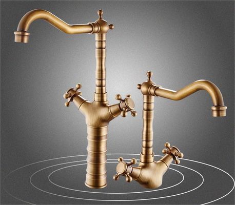 Multilayer Plating Brushed Brass Bathroom Faucet Tap Retro Style Double Control