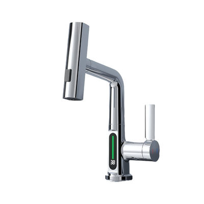 FCC Lavatory Pull Out Sink Faucet Rotary Widespread Cold And Hot Digital Display