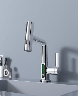 FCC Lavatory Pull Out Sink Faucet Rotary Widespread Cold And Hot Digital Display