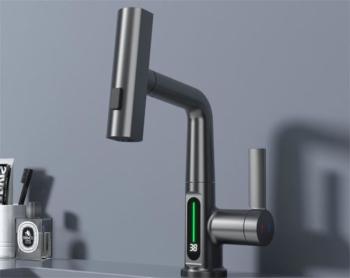 FCC Lavatory Pull Out Sink Faucet Rotary Widespread Cold And Hot Digital Display