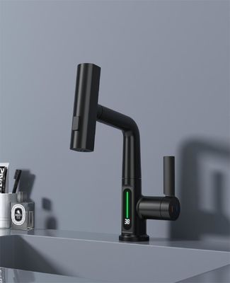 FCC Lavatory Pull Out Sink Faucet Rotary Widespread Cold And Hot Digital Display