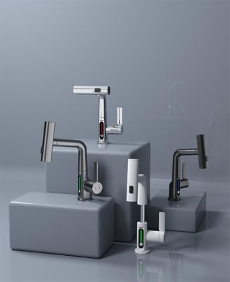 FCC Lavatory Pull Out Sink Faucet Rotary Widespread Cold And Hot Digital Display